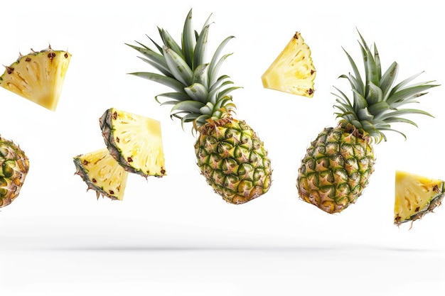 Photo isolated whole and sliced pineapples with clipping path