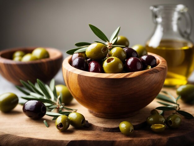 A Isolated wooden bowl with fresh olives in olive oil on a white background