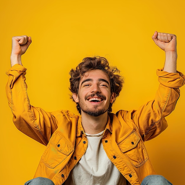 An isolated yellow background shows a happy young man with arms raised