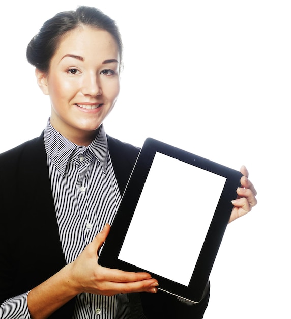 Isolated young business woman showing tablet