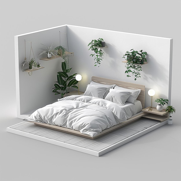 Isometric 3D bedroom mockup contemporary decor minimalist approach tranquil ambiance white backdrop