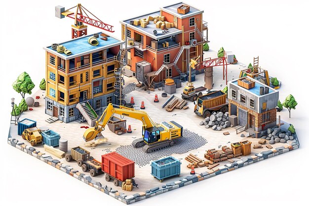 Isometric 3D Construction Site with No Background