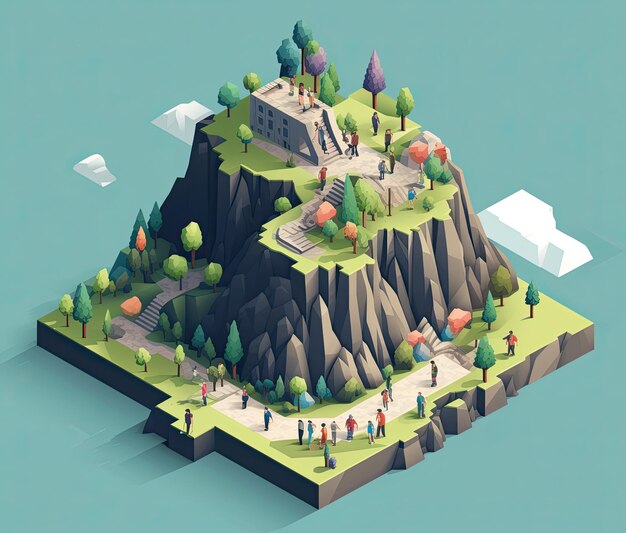 Isometric 3D illustration of a mountain with people walking on it