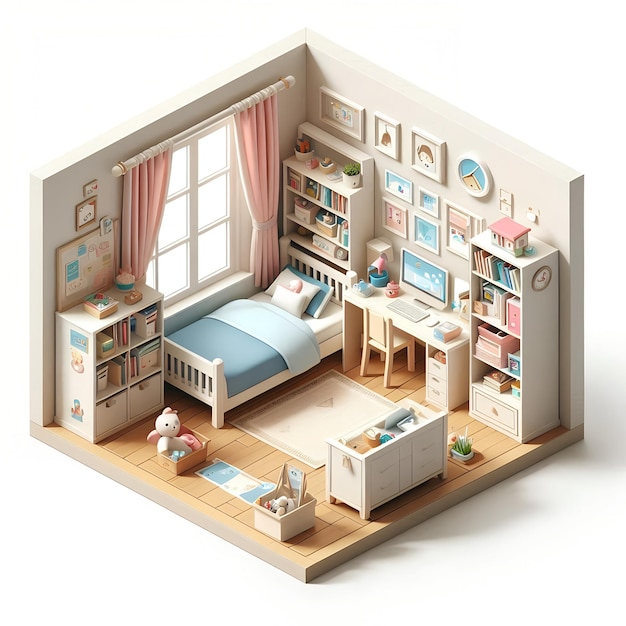 Isometric 3D Image of a Cute Colorful Kids Bedroom