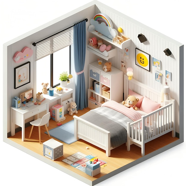 Isometric 3D Image of a Cute Colorful Kids Bedroom