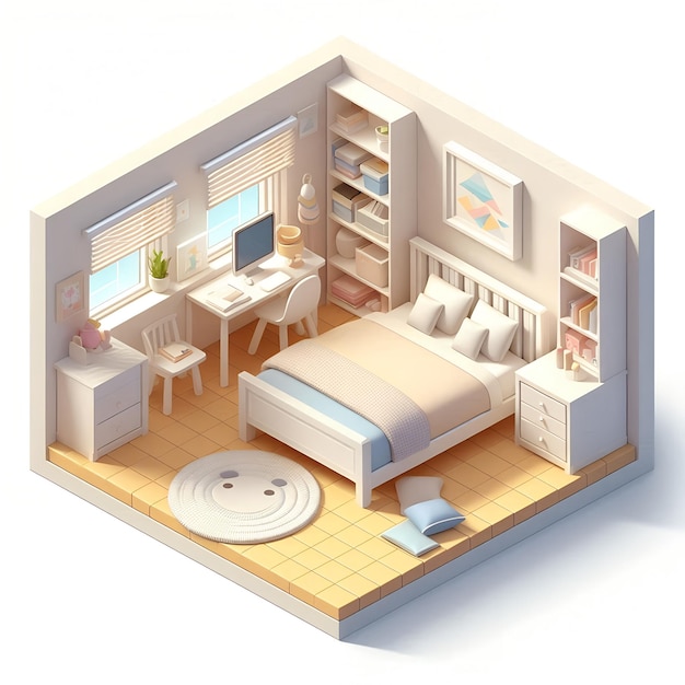 Isometric 3D Image of a Cute Colorful Kids Bedroom