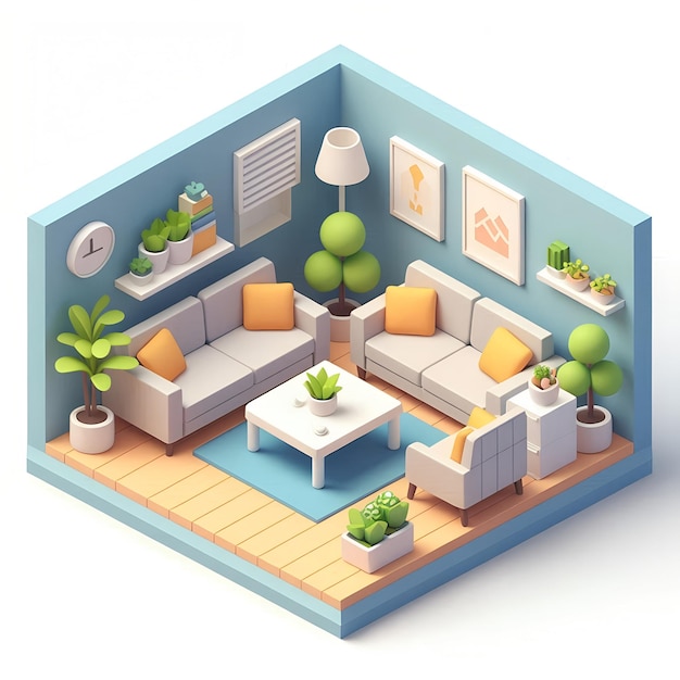 Isometric 3D Image of a Cute Minimalist Colorful Living Room