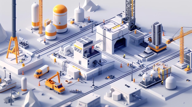 An isometric 3D render of a futuristic cityscape with a focus on buildings and infrastructure