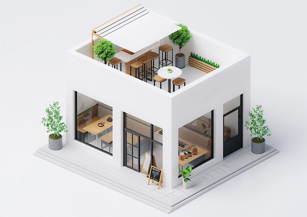 Isometric 3D view of a tiny loftstyle cafe white background modern minimalist architecture