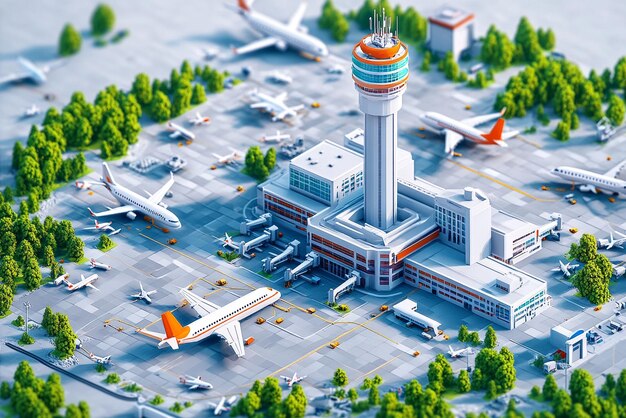 Photo isometric airport scene with detailed planes runways and terminal buildings clean vector