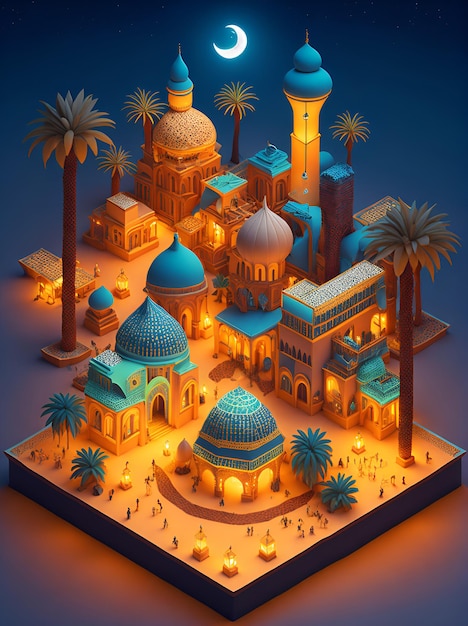 Isometric of arabic villages and towns for muslim celebration day background illustration