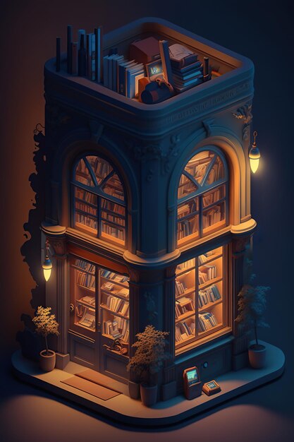 Isometric atmospheric retro bookstore on black background