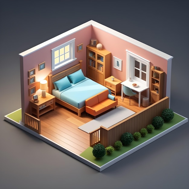 Isometric Bedroom And Living Room With Furniture And Window 3D Illustration