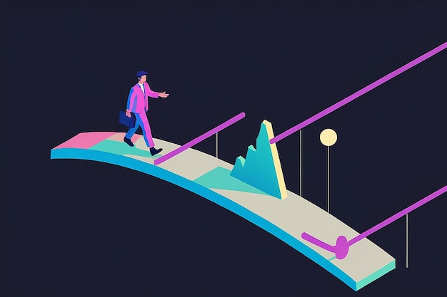 Photo isometric businessman walking on uptrend graph from world to the moon