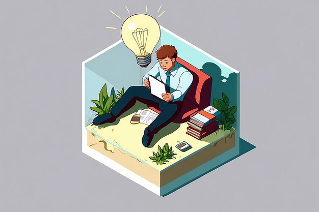 Photo isometric businessman working hard inside light bulb