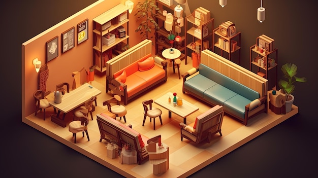 Isometric cafe interior with chairs and sofa Cozy coffeeshop room