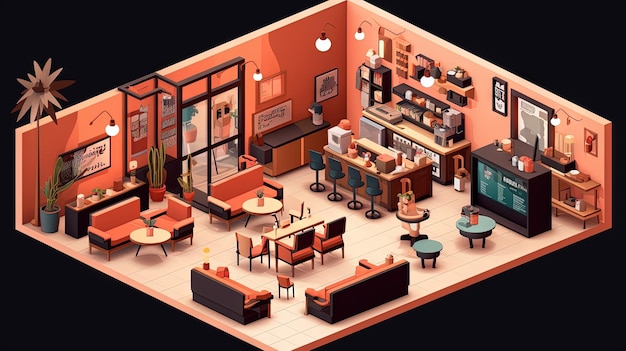 Isometric cafe interior with chairs and sofa Cozy coffeeshop room