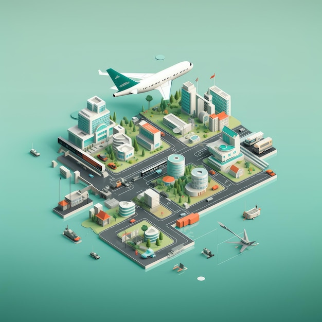 Photo isometric city and airport station 3d ai generated