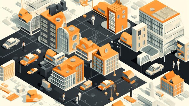 Photo the isometric city illustration shows various buildings roads and vehicles it has a modern and clean visual style