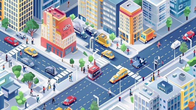 Photo isometric city street with cars people and buildings