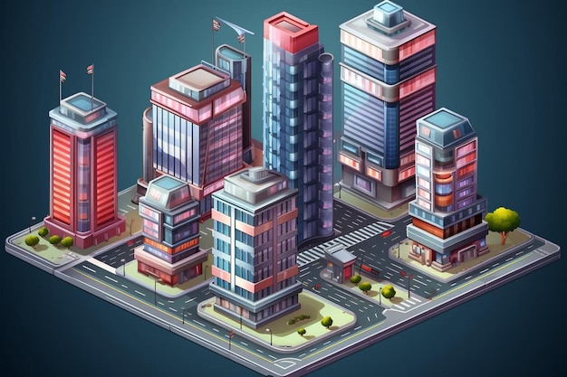 The isometric city with skyscraper