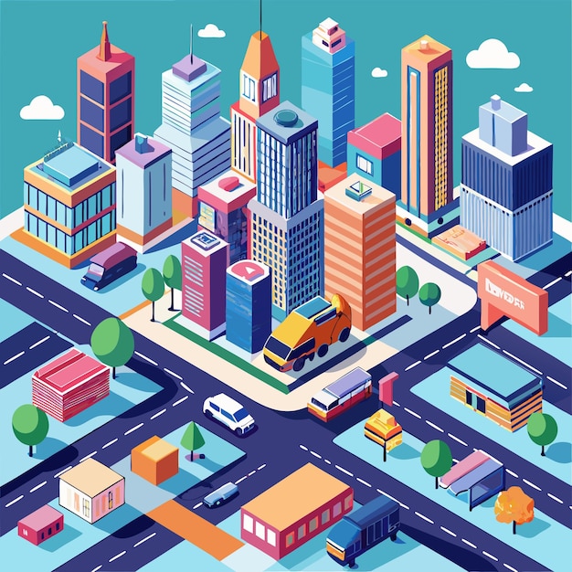 Photo isometric city with skyscrapers and transportation