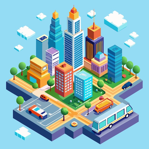 Photo isometric city with skyscrapers and transportation