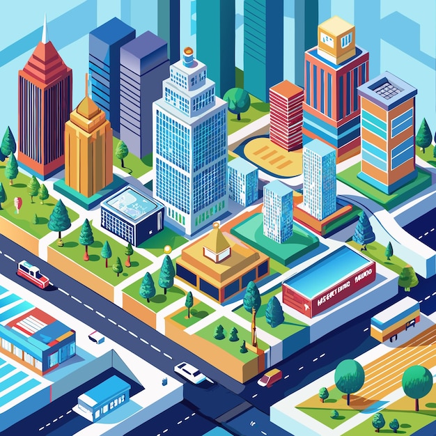 Photo isometric city with skyscrapers and transportation