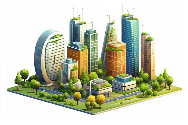 Isometric cityscape composition with modern skyscrapers and green yards on white background