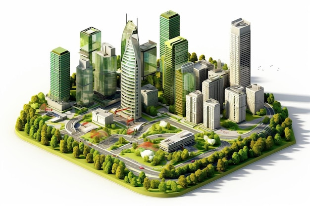 Isometric cityscape composition with modern skyscrapers and green yards on white background