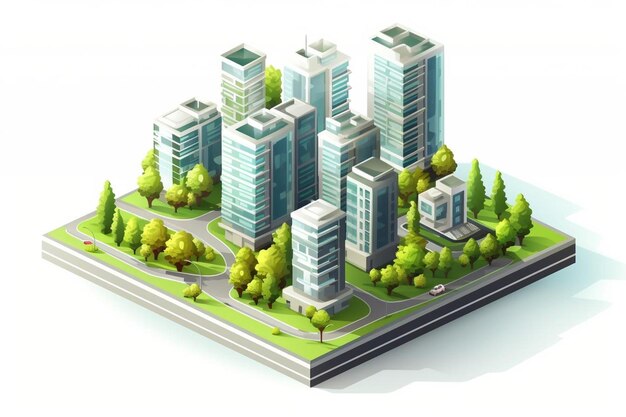 Isometric cityscape composition with modern skyscrapers and green yards on white background