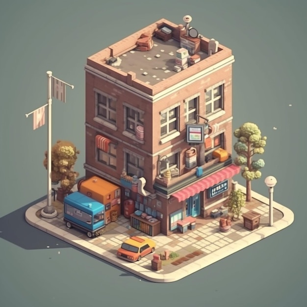 isometric clean pixel art image of outside of cute design