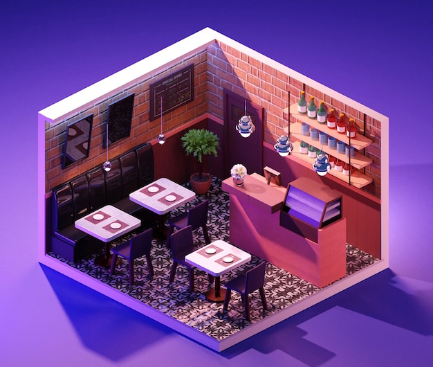 Isometric coffee shop interior concept. 3D illustration