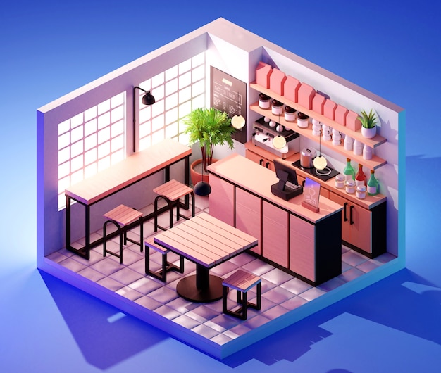 Isometric coffee shop interior concept. 3D illustration