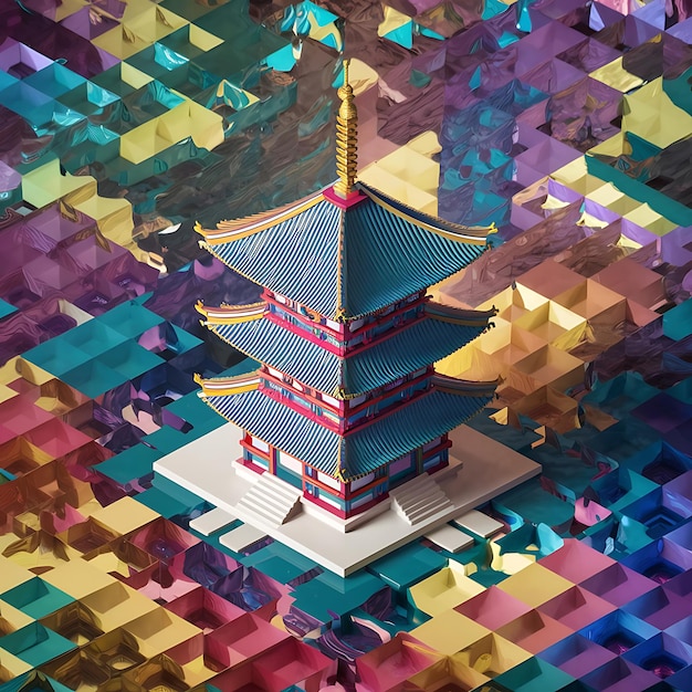 Photo isometric colorful multitiered pagoda structure 3d blender colorful background