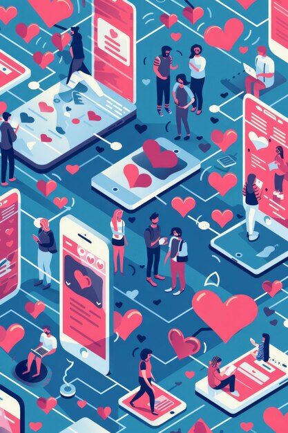 Photo isometric composition depicting online dating featuring smartphones hearts chat bubbles