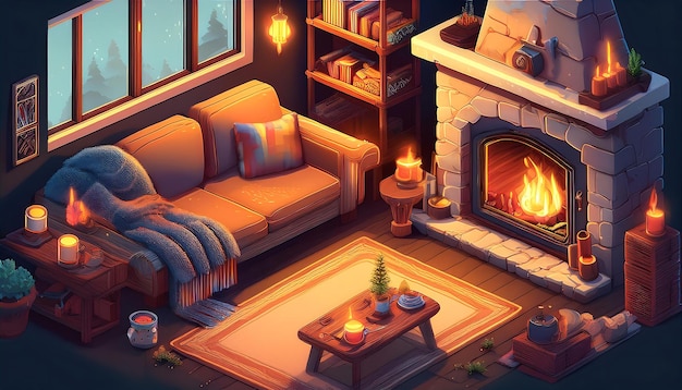 Isometric Cozy Hygge Scene Illustration depicting warm inviting interiors with soft blankets steaming mugs and glowing fireplace Graphic art illustration poster