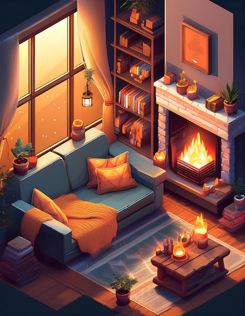 Isometric Cozy Hygge Scene Illustration depicting warm inviting interiors with soft blankets steaming mugs and glowing fireplace Graphic art illustration vertical flyer