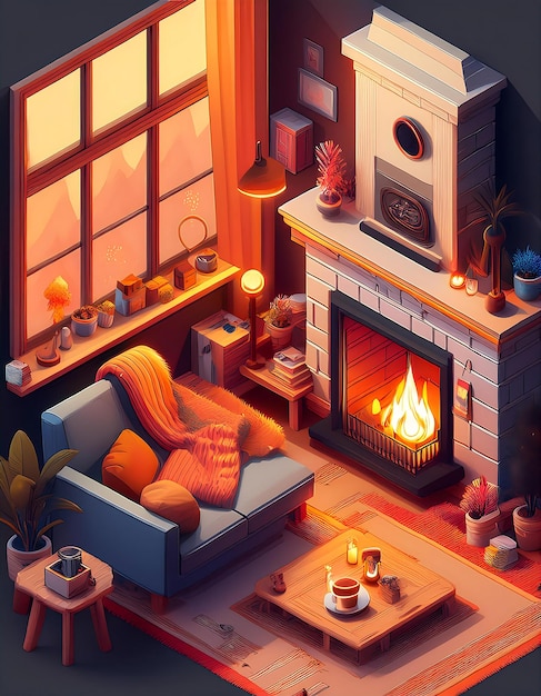 Isometric Cozy Hygge Vertical Scene Illustration depicting warm inviting interiors with soft blankets steaming mugs and glowing fireplace Graphic art illustration