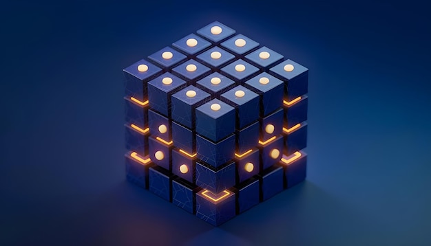 Photo isometric cube abstract digital separate block on dark blue background geometric shape technology