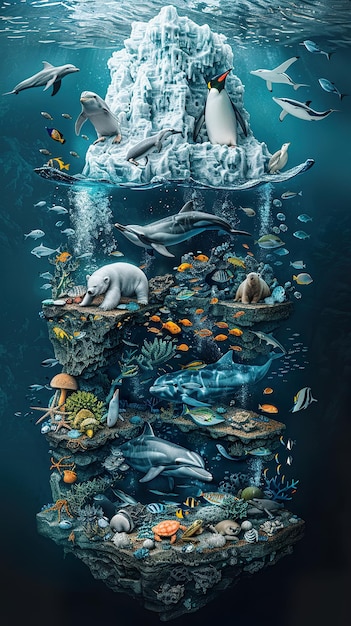 Photo isometric cube profile map of the ocean featuring marine animals such as dolphins turtles beluga