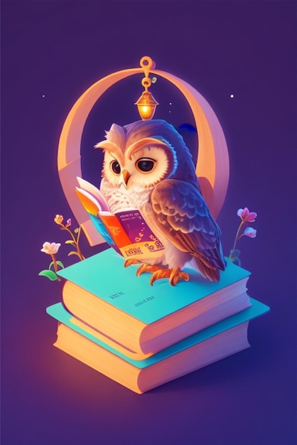 isometric cute night owl sitting on tree reaging book logo