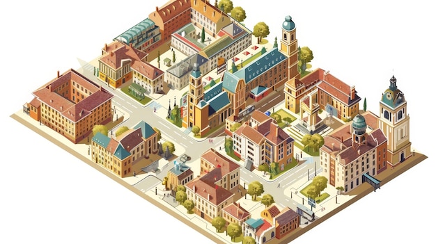 Photo an isometric depiction of a city39s historical district with preserved buildings museums and cultural sites reflecting the rich heritage