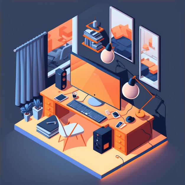 Isometric design room interior - digital painting.