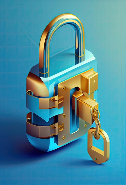 Isometric design style of gold shiny locked with key with Generative AI Technology