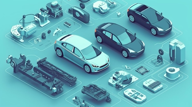 Isometric Flowchart for EV Car Parts Generative AI