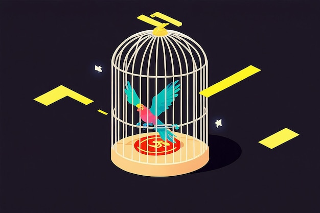 Photo isometric flying dollar trapped in bird cage