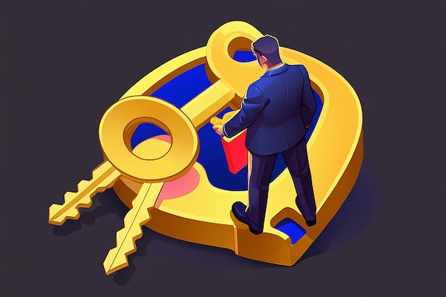 Photo isometric golden key unlock businessman