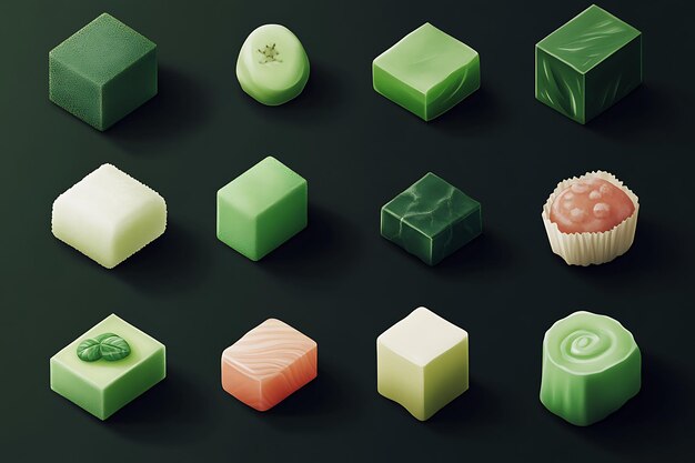 Photo isometric green white and peach candy cubes on black background