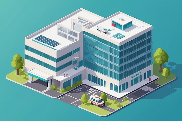 Photo isometric hospital building with ambulance